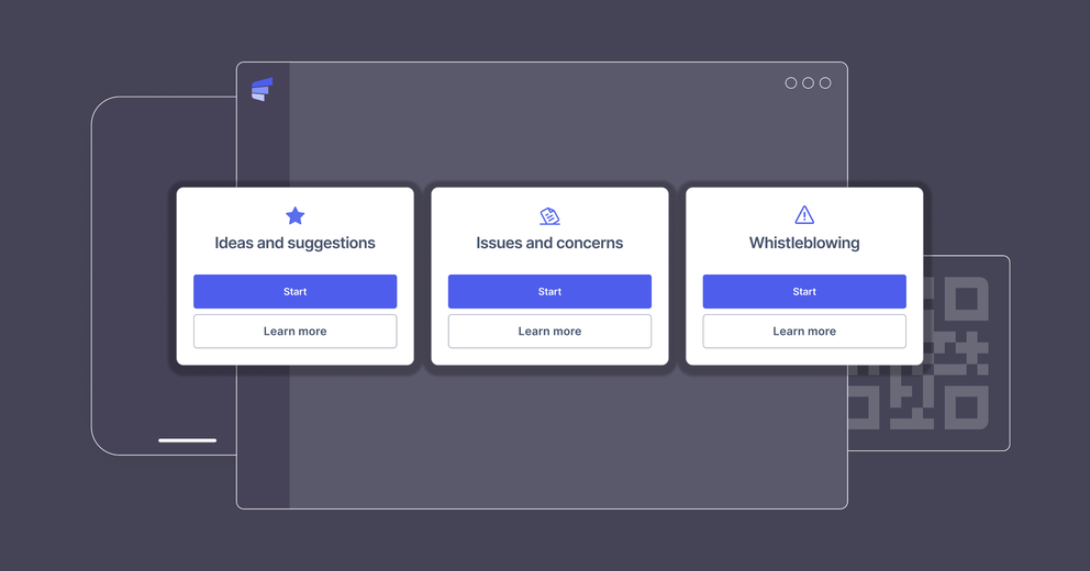 Illustration of Elker's anonymous reporting platform with whistleblowing software and employee surveys